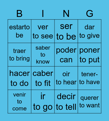 irregular verbs Bingo Card