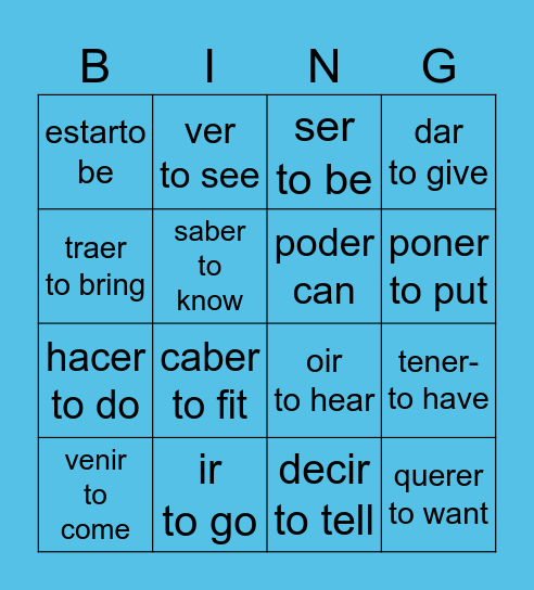 irregular verbs Bingo Card