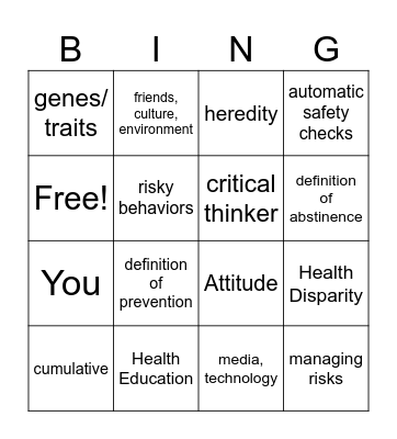 Health Ch 1 Review Bingo Card