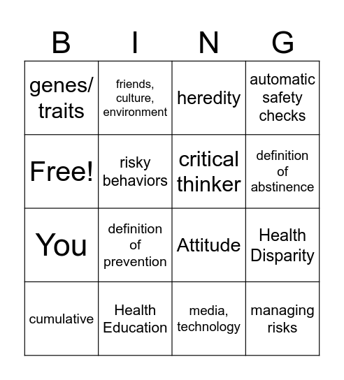 Health Ch 1 Review Bingo Card
