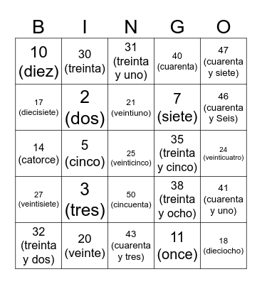 Los números 1-50 Bingo Card