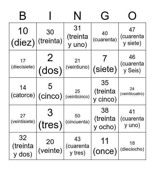 Los números 1-50 Bingo Card