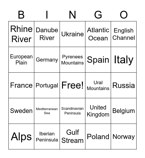 Europe Geography BINGO Card