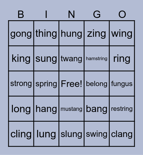 -ng Words Bingo Card