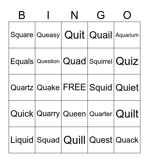 QU Spelling Words Bingo Card