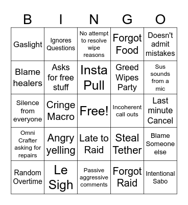 Raid Drama Bingo Card
