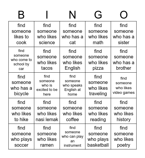 Get to know our club members Bingo Card