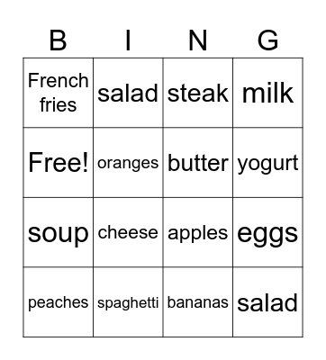 Things To Eat Bingo Card