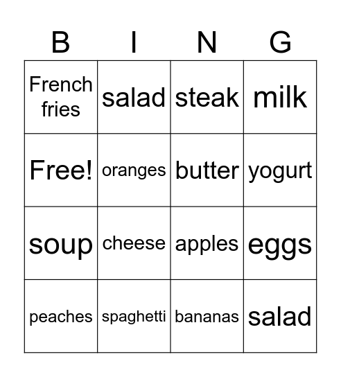 Things To Eat Bingo Card