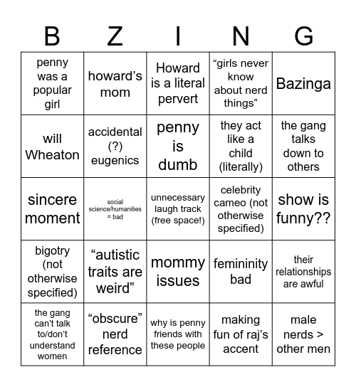 Big Bang Theory Bingo Card