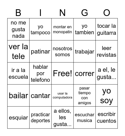 Verbos Infinitivos y Me Gusta Bingo Card