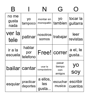 Verbos Infinitivos y Me Gusta Bingo Card