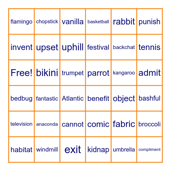 Polysyllabic Bingo Card