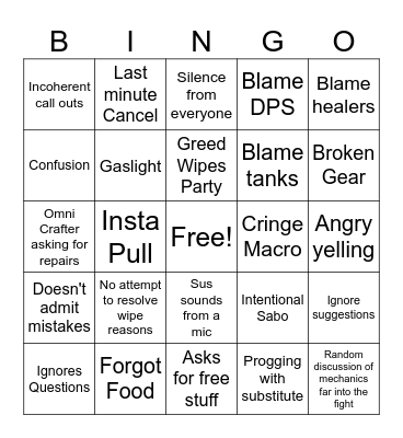 Raid Drama Bingo Card