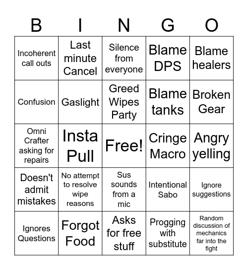 Raid Drama Bingo Card