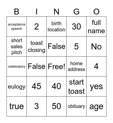 COMMEMORATIVE SPEECH BINGO Card