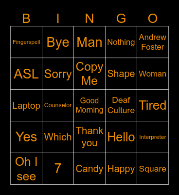 ASL Classroom Vocabulary Bingo Card