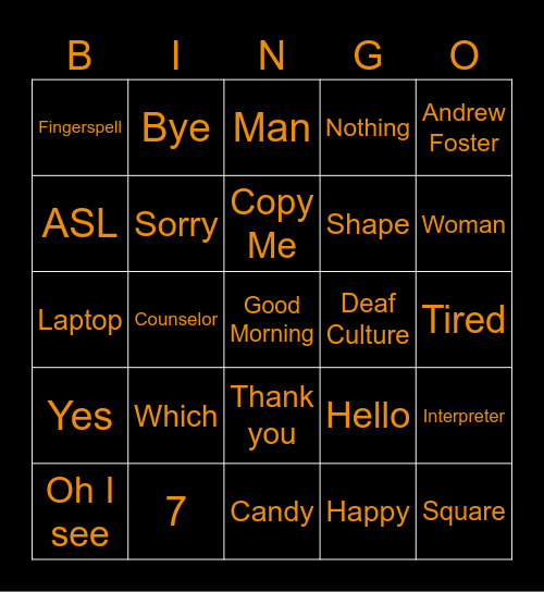 ASL Classroom Vocabulary Bingo Card