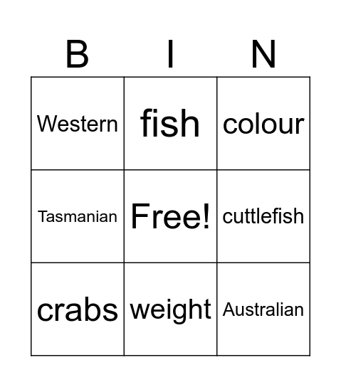 Australian Native Cuttlefish Bingo Card