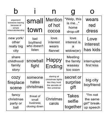 hallmark holiday movie bingo Card