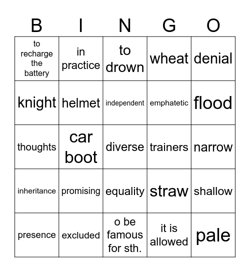 Vocabulary Revision - September Bingo Card