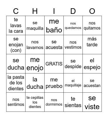 Un.7 verbos reflex. Bingo Card