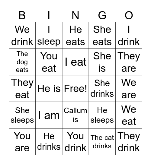 Pronouns + Verbs Bingo Card