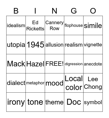 Cannery Row Bingo Card