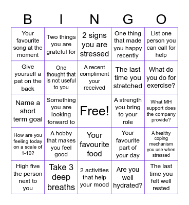 Ultraleap Mental Health Bingo Card