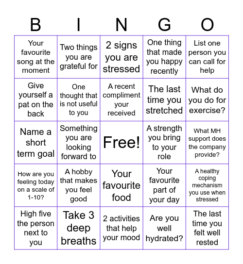 Ultraleap Mental Health Bingo Card