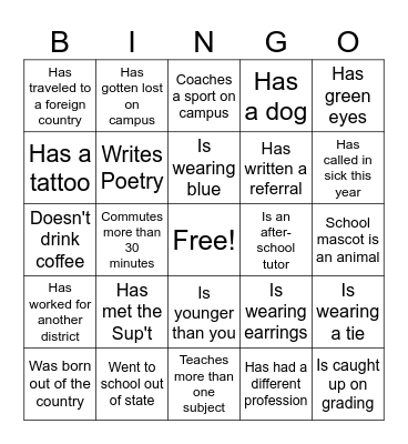 New Teacher Bingo Card