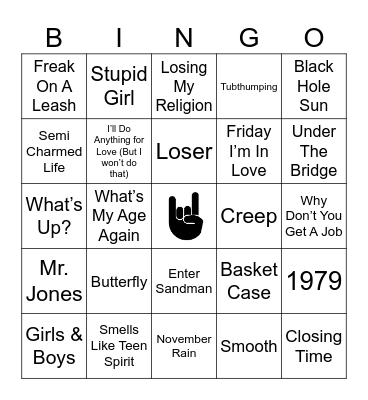 90s Rock Bingo Card