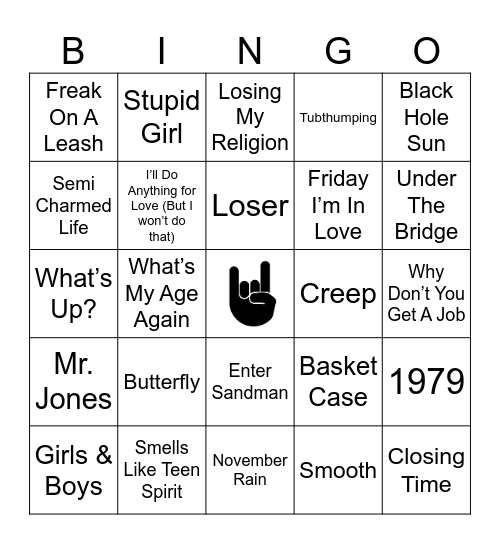 90s Rock Bingo Card