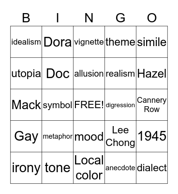 Cannery Row Bingo Card