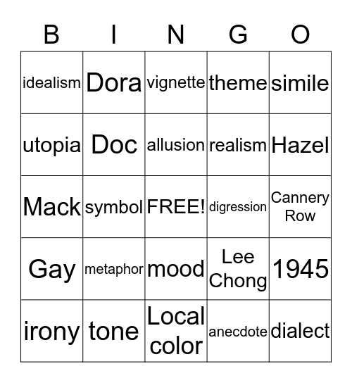 Cannery Row Bingo Card