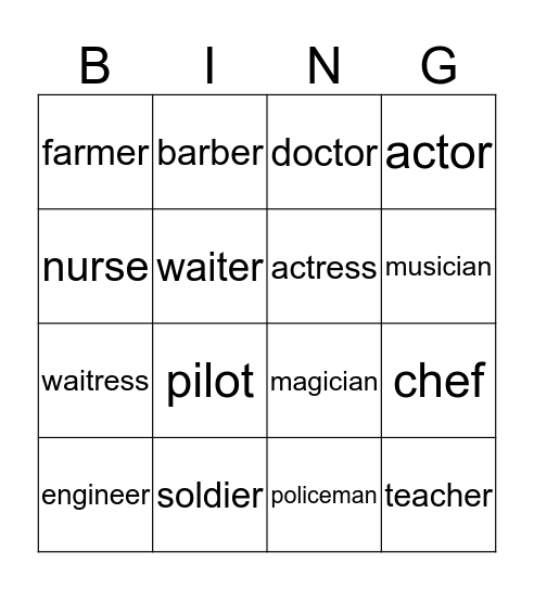 Occupation Bingo Card