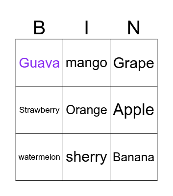 Fruit Fruit 2 marc Bingo Card
