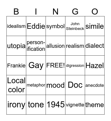 Cannery Row Bingo Card