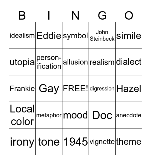 Cannery Row Bingo Card