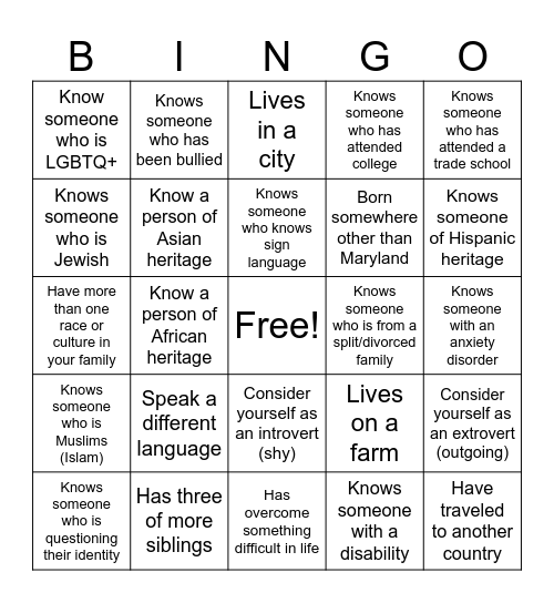 Diversity Bingo Card