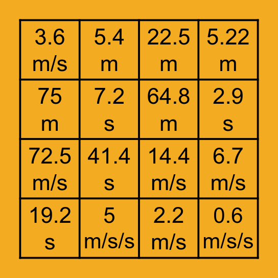 Equations of Motion Practice Problems Bingo Card