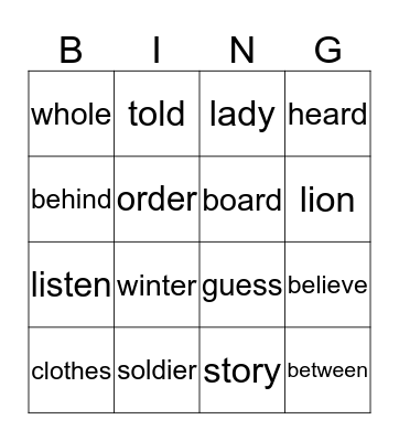 SOAR Word List #5 Bingo Card
