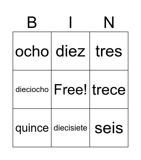 Los números del 1 al 20 Bingo Card