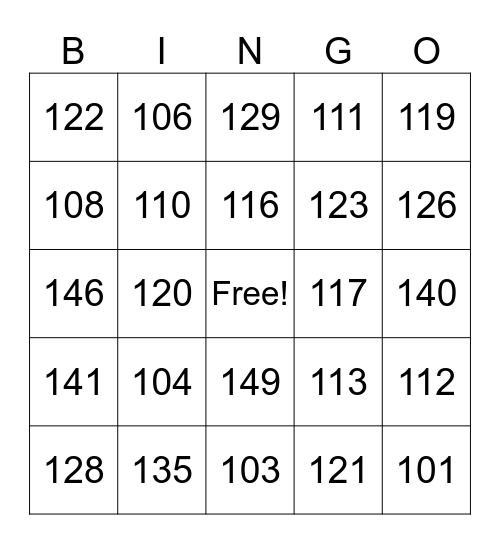 Number Bingo 100-200 Bingo Card