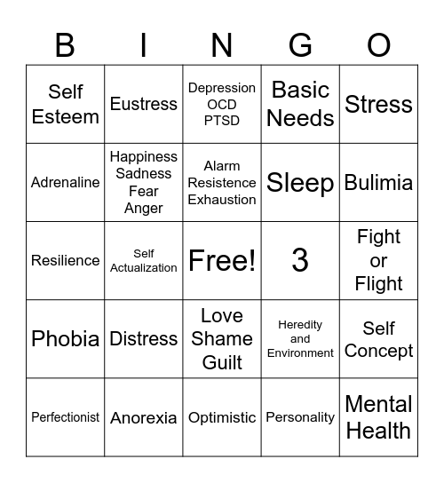 Mental Health Bingo Card