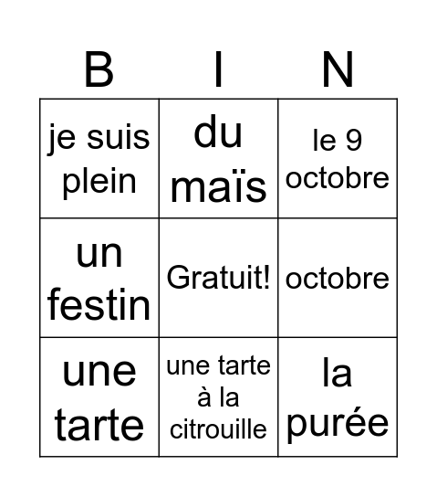 L'action de Grâce Bingo Card