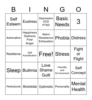 Mental Health Bingo Card