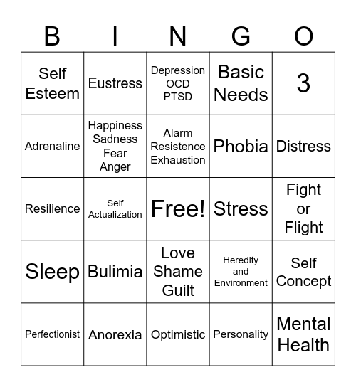 Mental Health Bingo Card