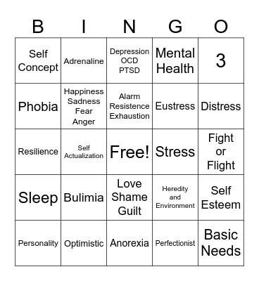 Mental Health Bingo Card