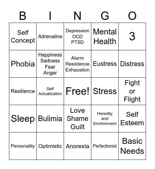 Mental Health Bingo Card